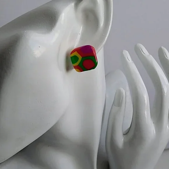 Handmade multi-color polymer clay earrings. Boucles d'oreilles fait à la main - Picture 6 of 7
